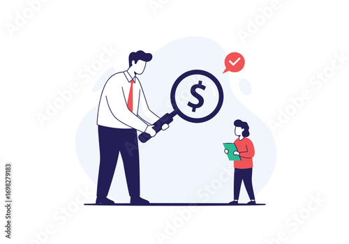 Business analysis magnifying glass financial dollar sign checking document money growth success strategy management