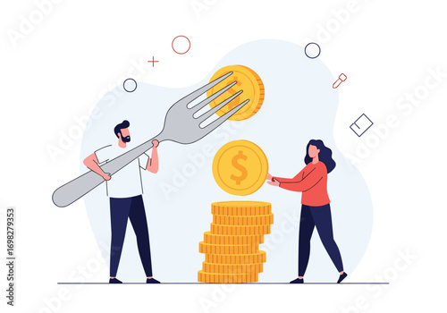 A man with a large fork is putting a golden coin on top of a stack of coins and a woman is also putting a coin on top of a stack of coins symbolizing financial growth