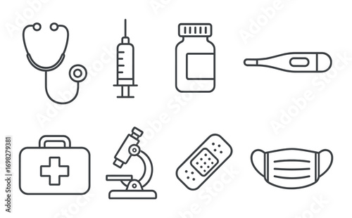 Medical icons: stethoscope, syringe, medicine bottle, thermometer, first aid, microscope, bandage, mask