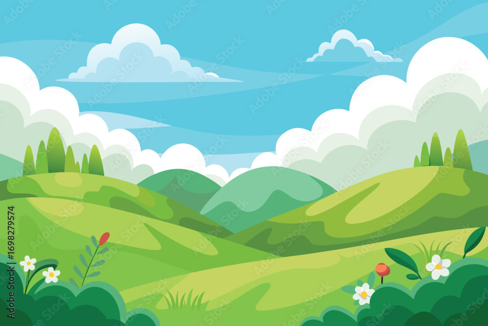 Fototapeta premium Cartoon landscape with green hills, trees, flowers, and a blue sky with clouds