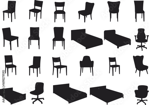 Silhouettes of various chairs and beds, office chair, armchair, bedroom furniture, modern design, home decor, furniture collection, interior design