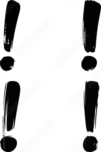 Bold black exclamation marks painted with a brush on a clean white background, conveying emphasis.