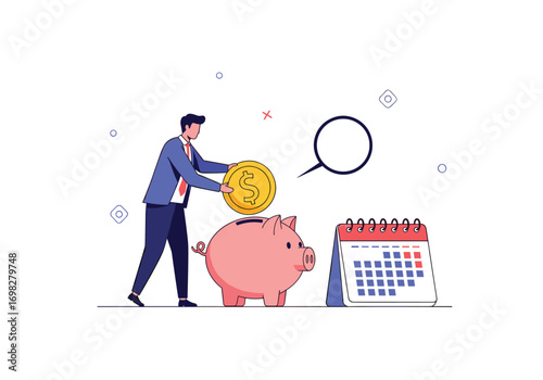Man saving money in a piggy bank with a calendar in the background representing financial planning and growth