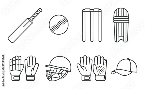 Monochrome cricket gear illustrations featuring bat ball stumps and protective equipment
