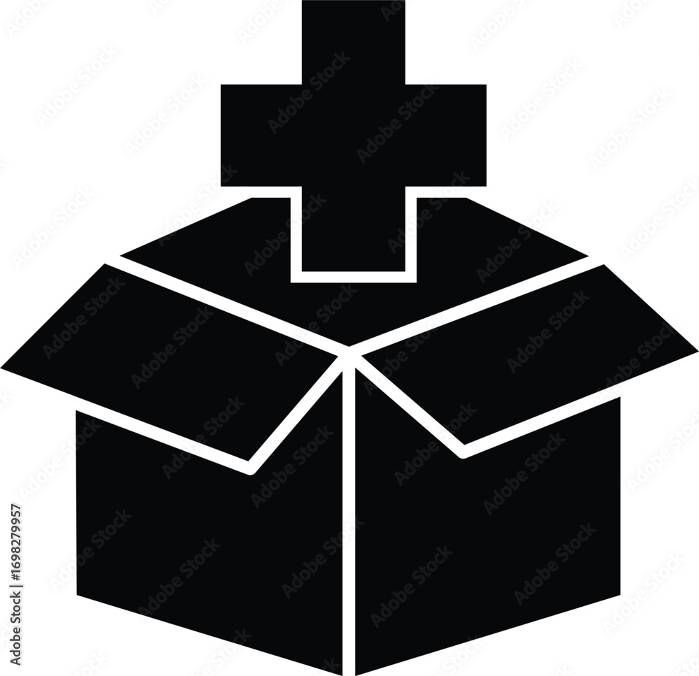 Obraz premium Humanitarian aid box icon with medical cross, relief supply package for disaster support, food and healthcare emergency help, transparent background