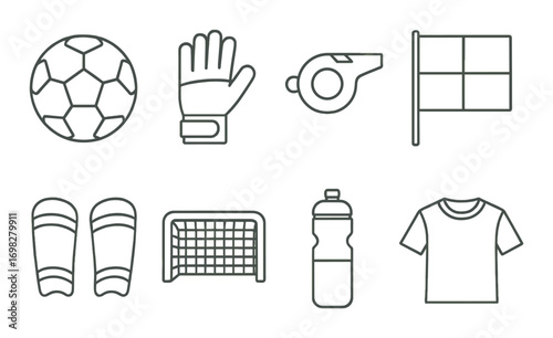 Minimalist soccer icon set featuring ball gloves whistle goal and more