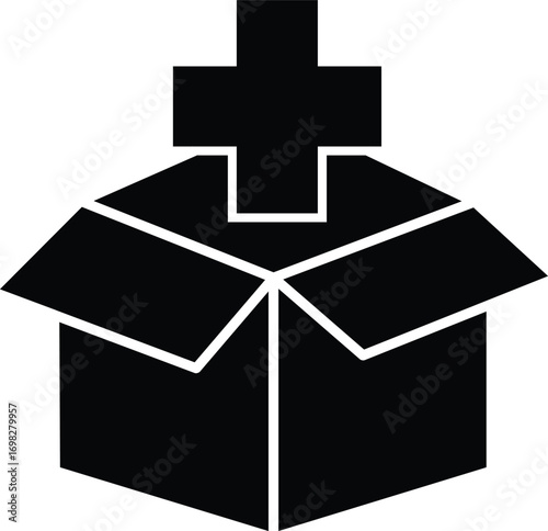 Humanitarian aid box icon with medical cross, relief supply package for disaster support, food and healthcare emergency help, transparent background