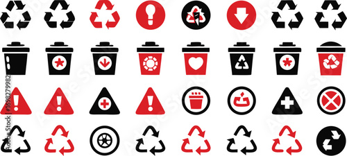 Vector illustration set of recycling symbols and waste bin icons, sustainability, eco-friendly design, environmental protection,Waste Bin and Recycling Symbol Icon Set in Red and Black Vector,sing,Ai