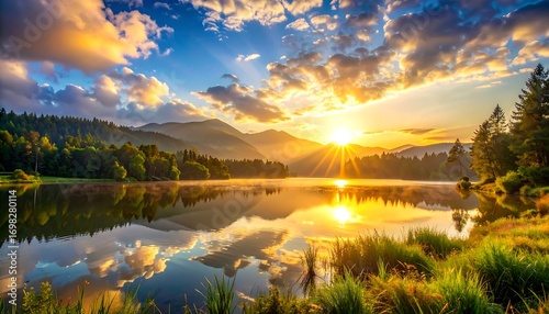 Sunny mountain lake reflects sky & trees. Clouds, mist, grass, forest, & hills bask in the light
