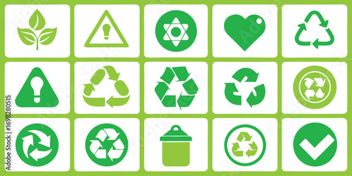 Vector illustration set of recycling symbols and waste bin icons, sustainability, eco-friendly design, environmental protection,Waste Bin and Recycling Symbol Icon Set in Red and Black Vector,sing,Ai
