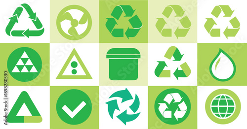 Vector illustration set of recycling symbols and waste bin icons, sustainability, eco-friendly design, environmental protection,Waste Bin and Recycling Symbol Icon Set in Red and Black Vector,sing,Ai