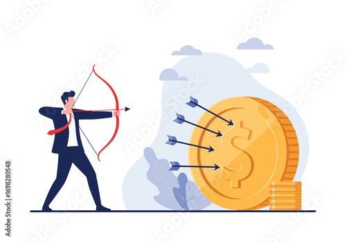 Businessman aiming arrow at large gold coin representing financial goals and investment success