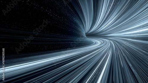 Abstract blue and white light trails forming a tunnel effect against a dark starry background warp speed