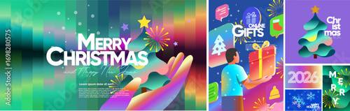 Merry Christmas and Happy New Year! 2026. Vector modern abstract illustration Christmas tree, hand, online store with gifts, man chooses a gift for poster, banner, gradient background or greeting card
