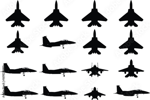 Military fighter jet silhouettes, modern aircraft icons, side view jets, aviation vector collection, air force planes, combat aircraft silhouettes