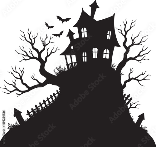 Haunted house on a hill with bats and bare trees halloween