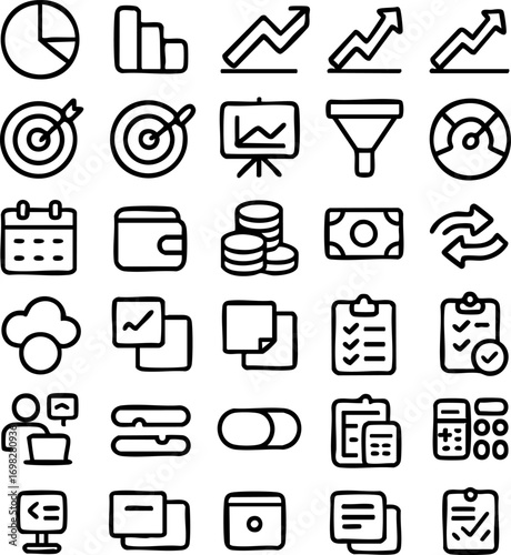 Business Icons Set Hand Drawn Style.