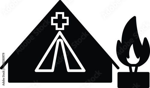Emergency relief tent icon with fire symbol, disaster shelter and humanitarian medical camp for crisis support, transparent background