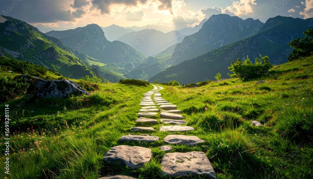 Fototapeta premium Winding Stone Path Through Green Grass Towards Distant Mountains