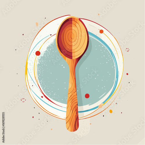 Wooden Spoon On A Plate With Colorful Swirls