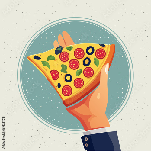 Hand Holding Slice Of Pizza With Tomatoes Olives And Basil