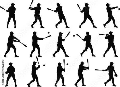 Baseball player silhouette, batting action poses, sports vector icons, baseball game moments, athletic player with bat, baseball ball, sport activity