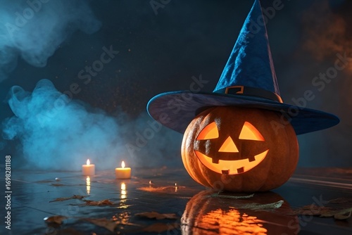 Photo-Realistic Halloween Jack-O’-Lantern Pumpkin with Blue Wizard Hat and Smoky Dark Background