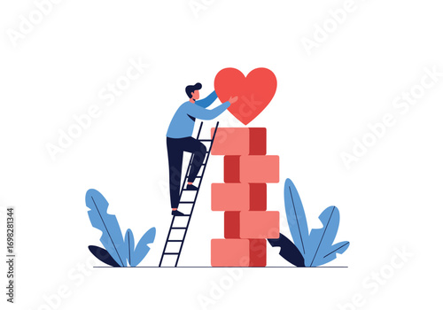 Person climbing ladder to place heart on top of stacked blocks symbolizing building love relationship and emotional connection
