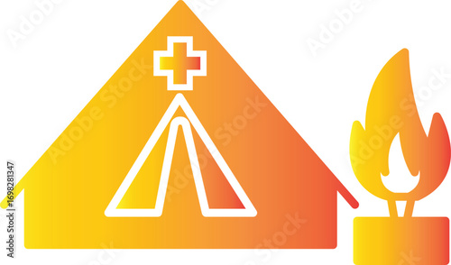 Emergency relief tent icon with fire symbol, disaster shelter and humanitarian medical camp for crisis support, transparent background