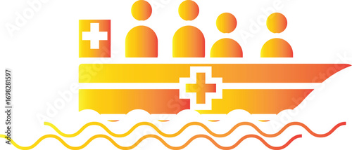 Rescue boat icon with medical cross carrying people, humanitarian evacuation ship for emergency disaster relief service, transparent background