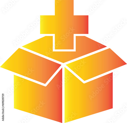 Humanitarian aid box icon with medical cross, relief supply package for disaster support, food and healthcare emergency help, transparent background