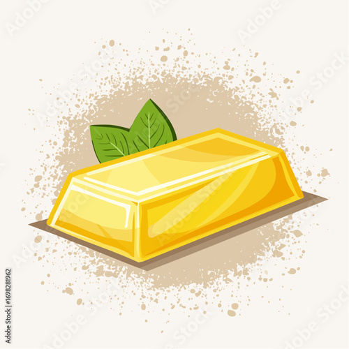 Shiny Gold Bar with Green Leaves on a Textured Background