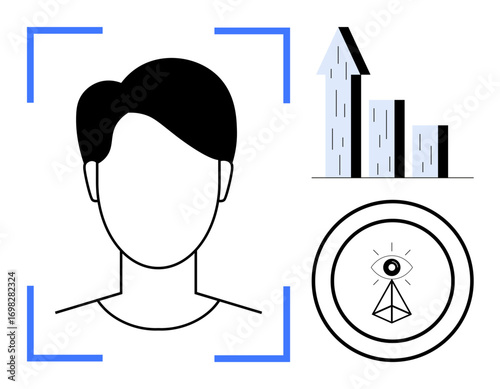 Abstract depiction of a human face in focus brackets, growth bar chart, and eye-inscribed triangle circle. Ideal for data analytics, AI technology, security, biometrics, innovation concepts, modern