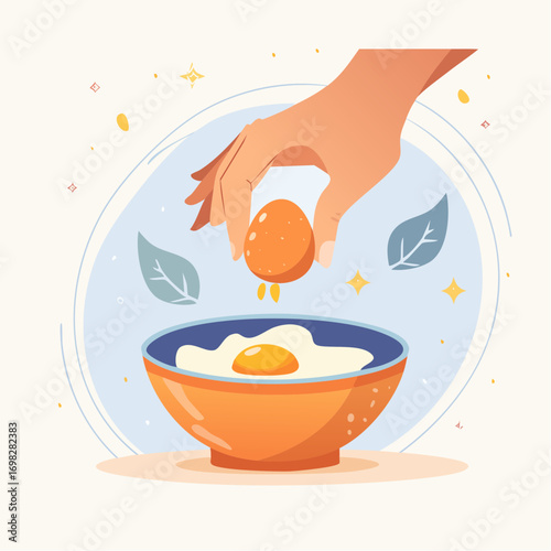 Hand Cracking Brown Egg Into Orange Bowl with White Egg Yolk and Decorative Blue and White Background