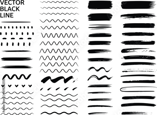 Vector black line set, brush strokes, wavy dividers, dashed lines, sketch style, abstract borders, decorative design elements, ink drawing