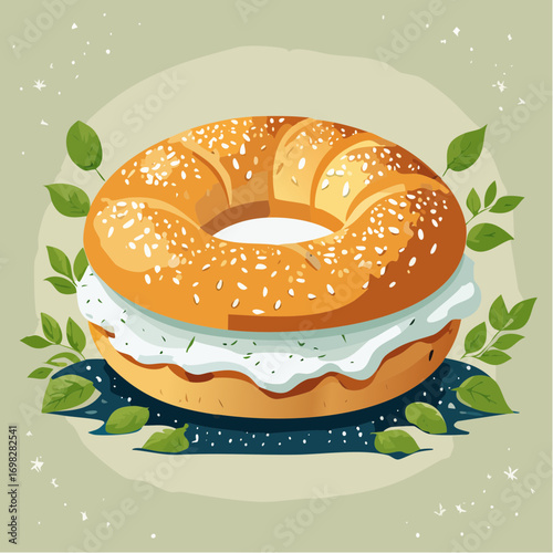 Fresh Bagel With Cream Cheese and Herbs on Green Background