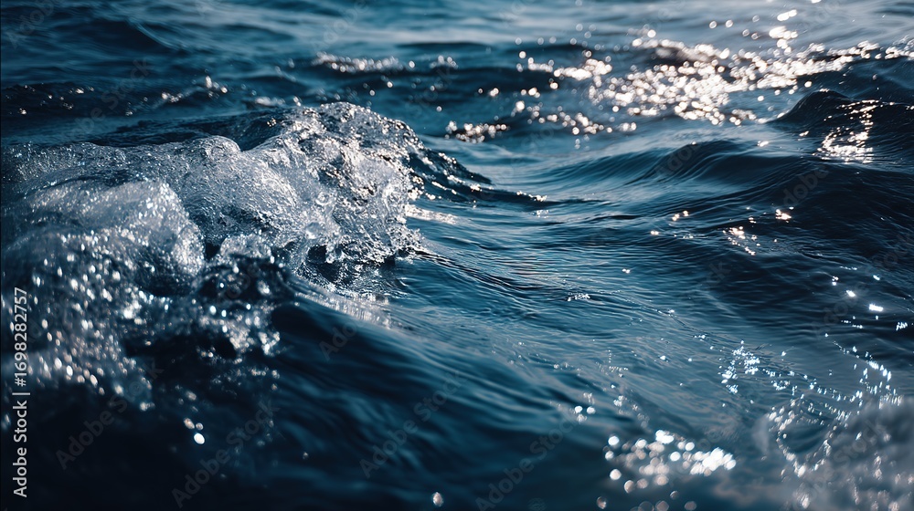 Naklejka premium Deep Blue Ocean Waves with Sparkling Sunlight and Dynamic Surface Texture, Close-Up View Capturing Natural Energy and Motion in High Detail