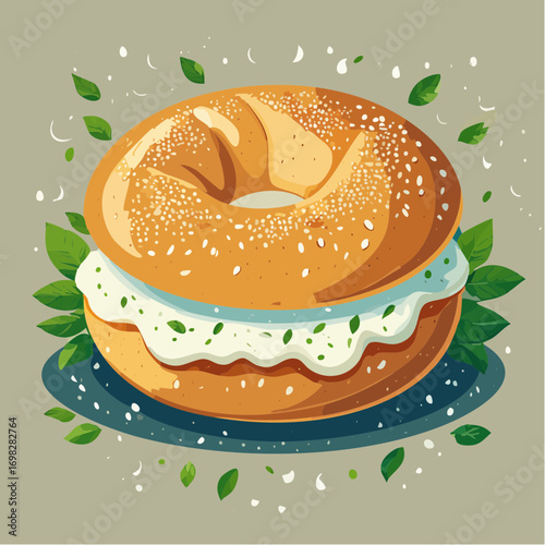 Fresh Bagel With Cream Cheese And Herbs On Gray Background