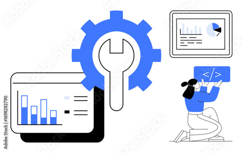 Large gear and wrench symbolizing tools, data graphs, pie charts, and a developer coding. Ideal for technology, software development, data analysis, IT solutions, innovation progress and a simple