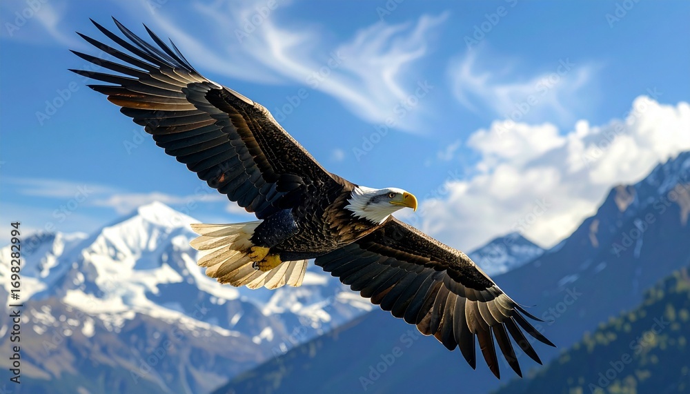 Fototapeta premium Majestic bald eagle soaring with wings outstretched against a breathtaking backdrop of snow-capped mountains and a vivid blue sky