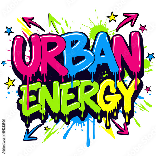 Vibrant graffiti lettering with colorful paint drips and dynamic arrows, symbolizing the creative pulse and energy of modern city culture, urban energy vector design