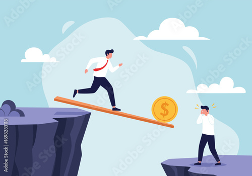 Business man running across a narrow plank towards financial success while facing a risk of falling