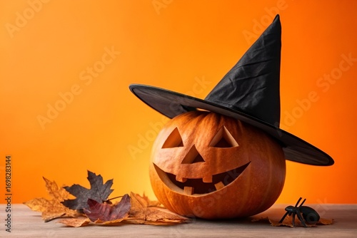 Photo-Realistic Halloween Jack-O’-Lantern Pumpkin with Black Witch Hat on Orange Gradient Background