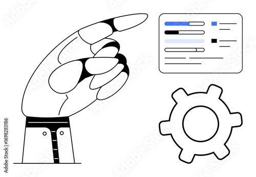Hand pointing at a data panel with progress bars and a gear representing setup, analysis, tech management, and control. Ideal for technology, interface, optimization, decision-making, guidance