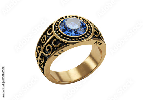 Mens Blue Sapphire Class Ring Antique Gold Design Jewel Detail isolated on transparent background