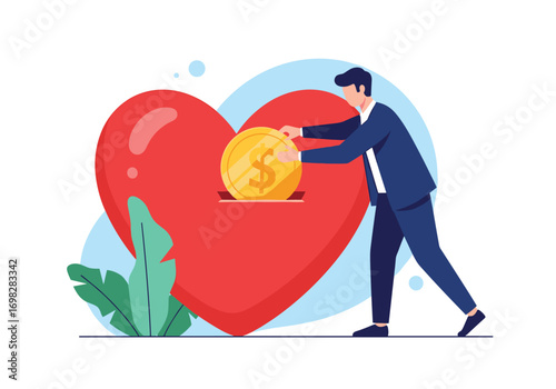 Man donating money to a large heart symbolizing charity love and compassion in a generous act of kindness