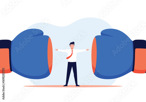 Businessperson caught between large boxing gloves symbolizing conflict and pressure