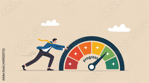 Vector art of man pushing progress meter to achieve business goal and success concept