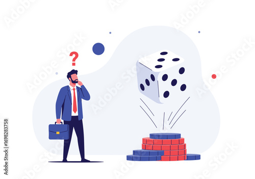 Man ponders the roll of dice and stacked coins representing risk and reward in business decisions