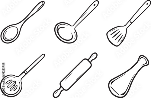 Collection of six hand drawn kitchen utensils including spoons spatula ladle rolling pin and meat tenderizer isolated on white background